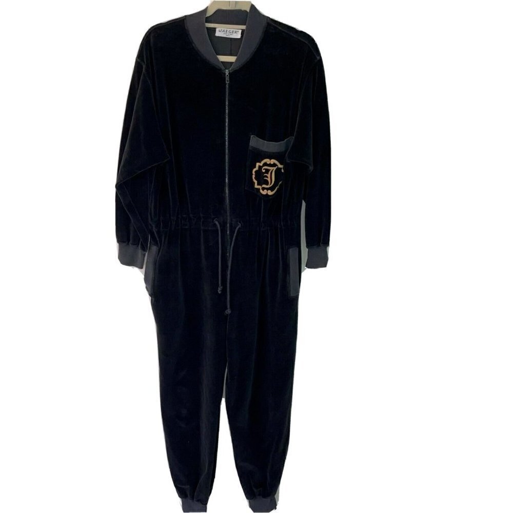 Jaeger Jumpsuit Small S Womens Velour Drawstring Side Pockets Long Sleeve Black